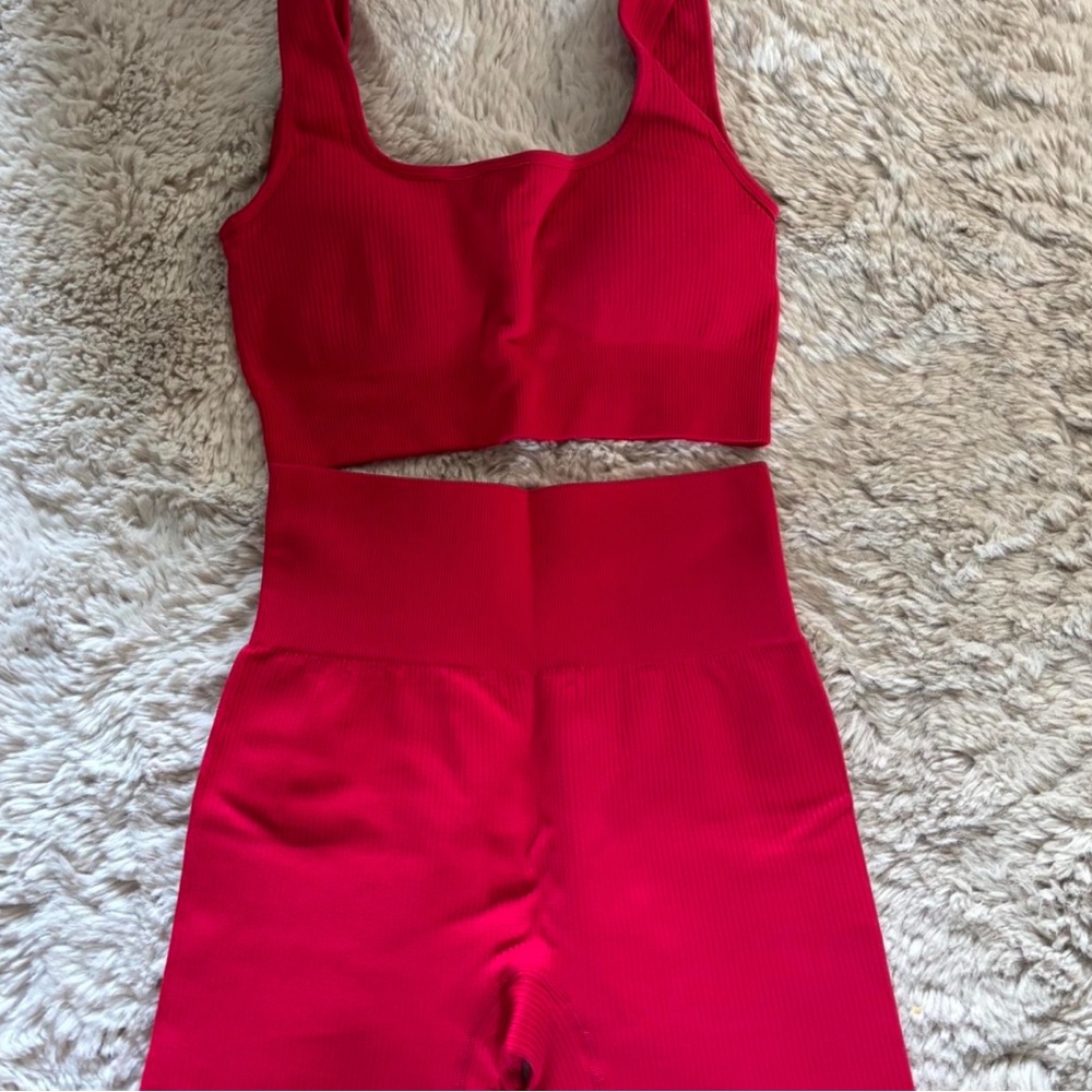 Red Ribbed Crop Top and High-Waisted Shorts Set